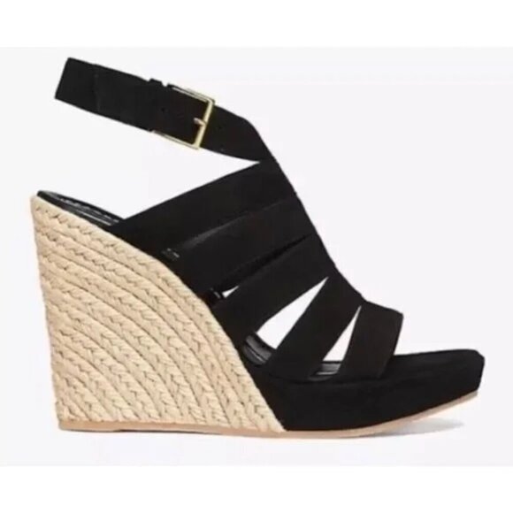 TORY BURCH Bailey Multi Strap Wedge Suede Espadrille Black - Picture 1 of 12